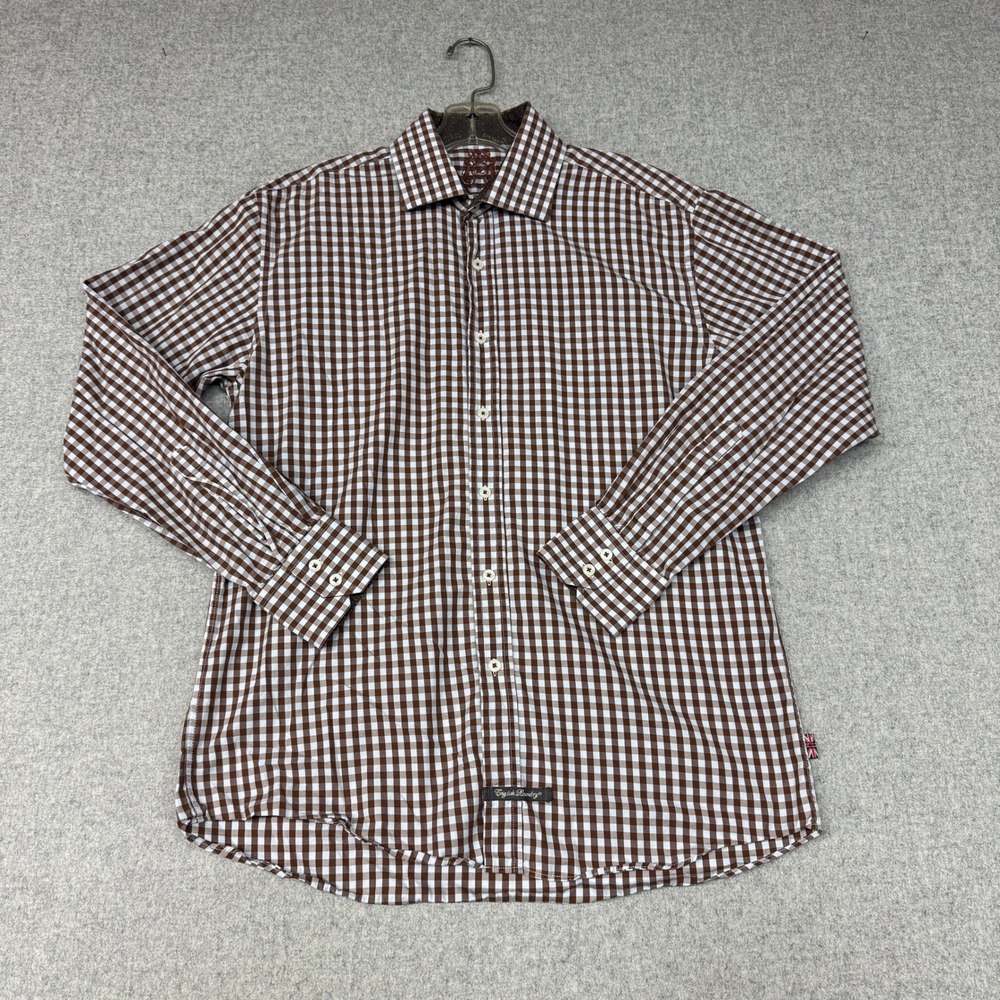 English Laundry | Gingham Button Down Shirt | L | Brown White | 100% Cotton Long